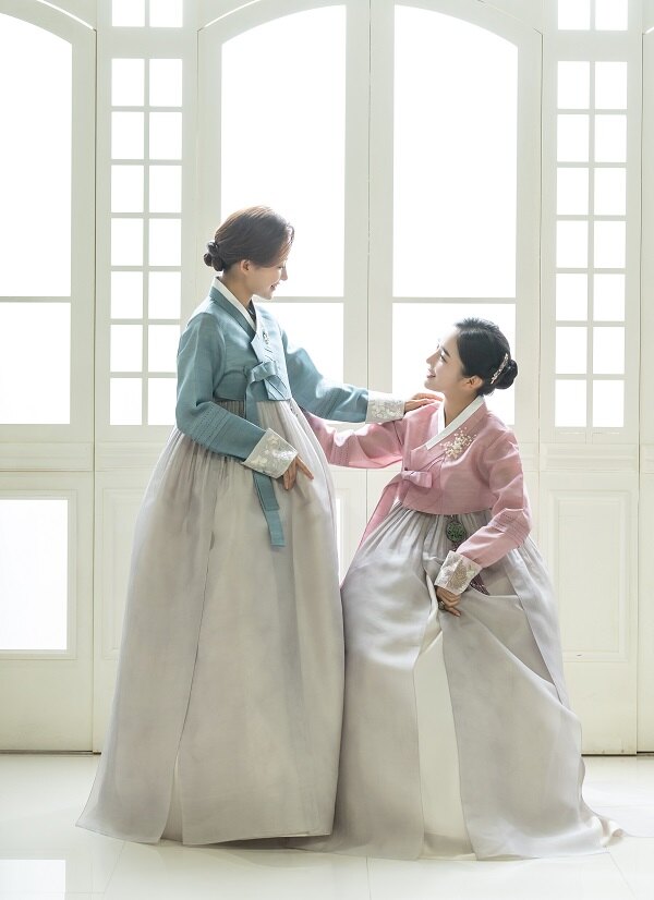 옥색 분홍 커플한복