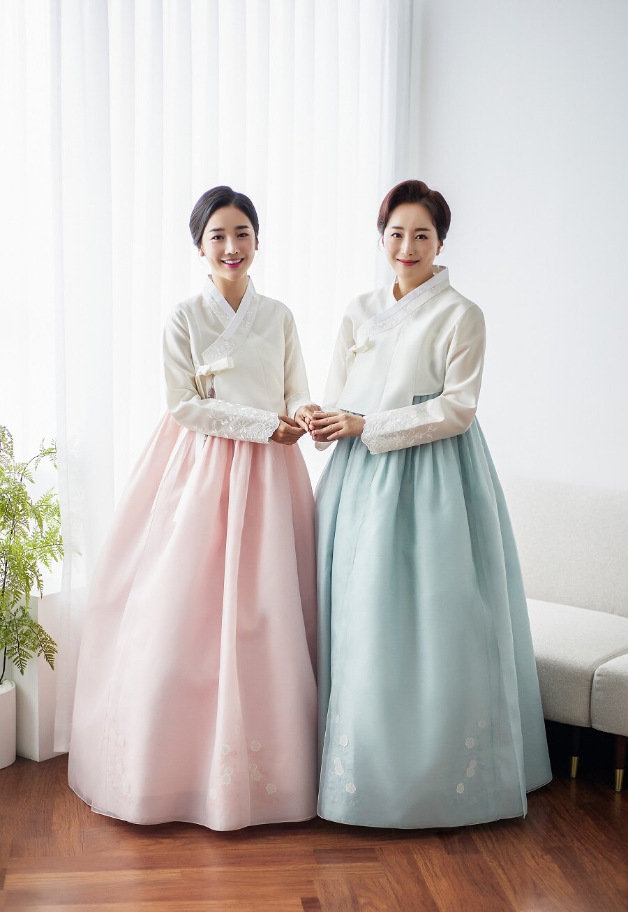 분홍 옥색 두벌 혼주한복